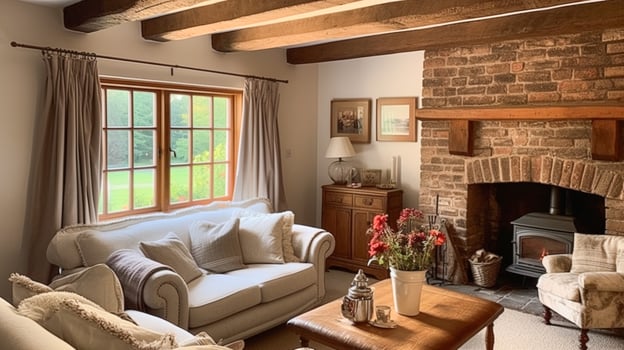 Farmhouse cottage interior design, home decor, sitting room and living room, sofa and furniture in English country house style photo