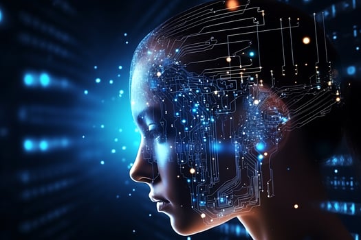 The female cybernetic face of chips and neural connections . the concept of artificial intelligence and big data. AI Generative photo