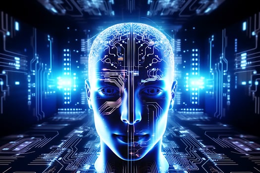 Artificial intelligence in virtual reality. Robot head conceptual design portrait. Electronic mind. Neuronet, deep machine learning concept. AI Generative photo