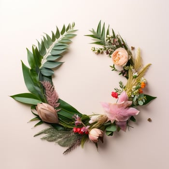Beautiful floral wreath on pink background. Flat lay, top view. copy space. AI Generative photo