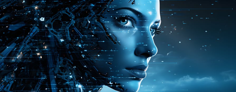 Photo Artificial intellingence female robot with blue glowing light generative AI