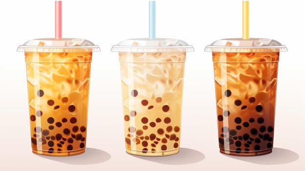 Set of Bubble milk tea drink design, Boba milk tea, taiwanese asian menu, Delicious sweet bubble tea cup with straw, AI Generative photo