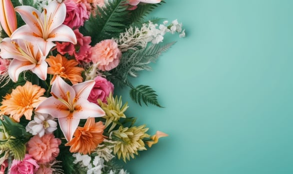 A romantic flowers bouquet on a green background. Mother's Day concept. Created by generative AI photo