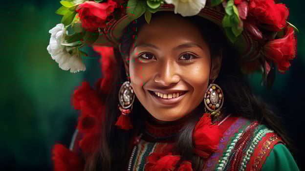 Beautiful young Peruvian woman in festive national clothes, smiling. AI generated. photo