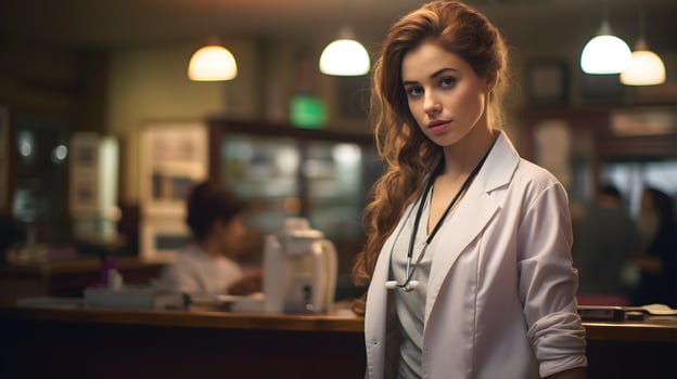 a woman doctor in a lab coat standing in front of a hospital counter  ai generative photo
