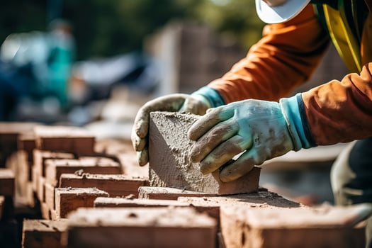 Man wearing gloves holding a brick close-up view working on construction site photo