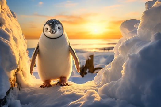 Portrait of a lively penguin in a snowy scene with a serene sunset backdrop photo