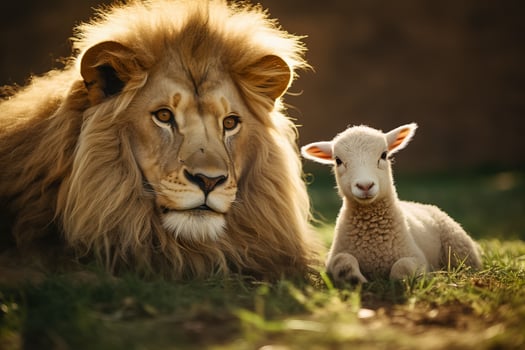 A lion and a lamb peacefully coexist in harmony photo