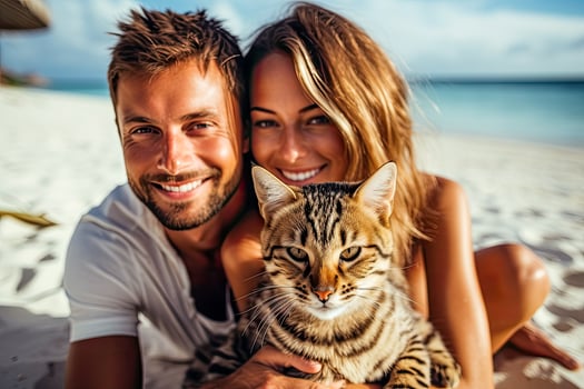 Happy young couple enjoying beach fun with their Bengal cat photo