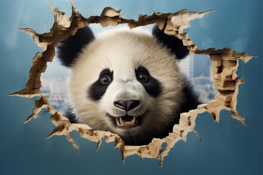 Cute panda peeks through a torn wall, framing empty space AI Generated photo