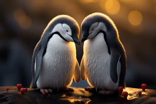 Feb 14 delight, penguin couples love captured on a postcard AI Generated photo