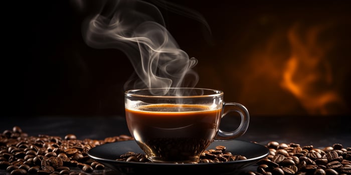 Refreshing Cup of hot Coffee on a table isolated on black background, copy space, cozy warm mood, AI Generative photo