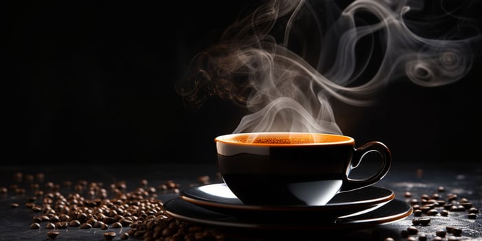 Refreshing Cup of hot Coffee on a table isolated on black background, copy space, cozy warm mood, AI Generative photo