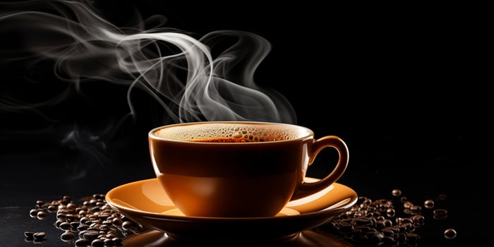 Refreshing Cup of hot Coffee on a table isolated on black background, copy space, cozy warm mood, AI Generative photo