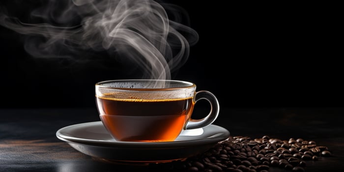 Refreshing Cup of hot Coffee on a table isolated on black background, copy space, cozy warm mood, AI Generative photo