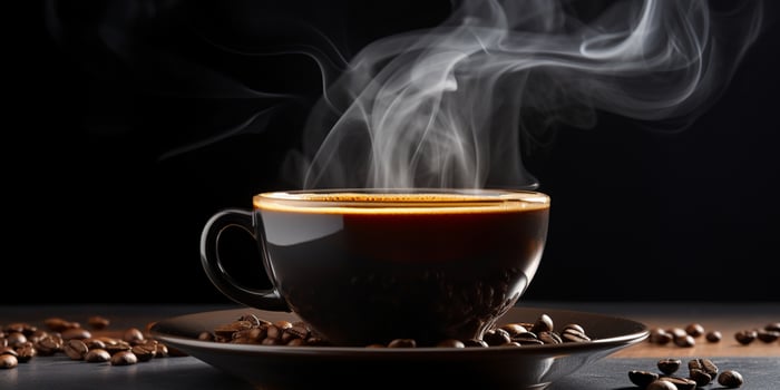 Refreshing Cup of hot Coffee on a table isolated on black background, copy space, cozy warm mood, AI Generative photo