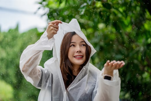 Happy Asian woman wearing a raincoat She enjoys the rainfall in the park. photo
