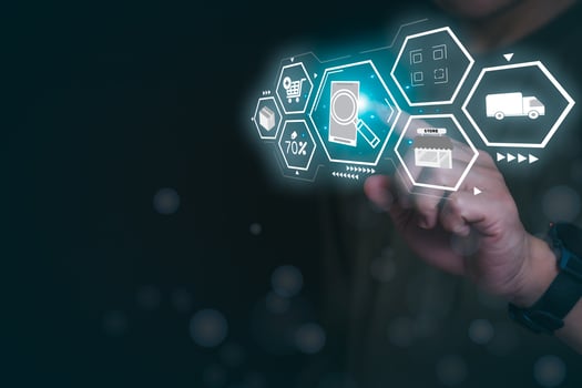 planning and strategy progress or success Man's hand touching a virtual reality screen in shopping through the internet, online trading, searching for information, and online marketing photo