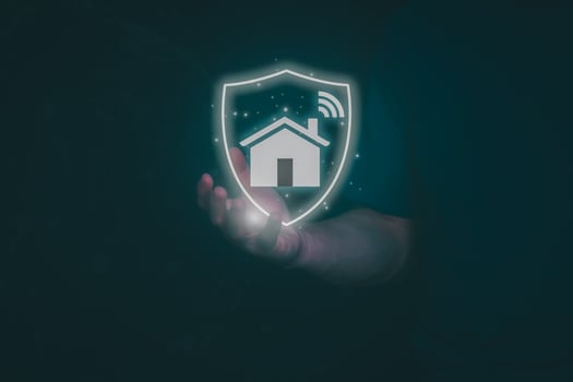 Man using a smartphone, controlling an intelligent home automation system Futuristic interface on a virtual screen Automation technology of things, concept Data connection with technology internet. photo