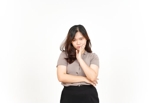 Hands on Cheek, Boring Gesture Of Beautiful Asian Woman Isolated On White Background photo