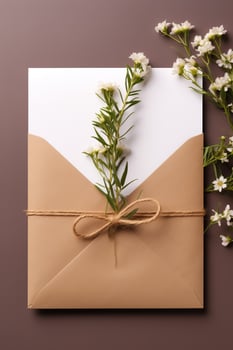 Blank white greeting card with a brown envelope photo