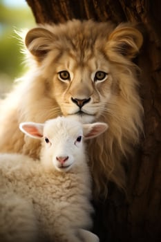 A lion and a lamb peacefully coexist in harmony photo