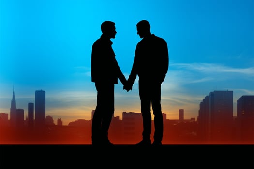 Urban backdrop frames joyful gay couples silhouettes under blue heavens AI Generated photo