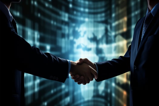 Handshake amid office, Smiling businessmen unite with global business graphic AI Generated photo