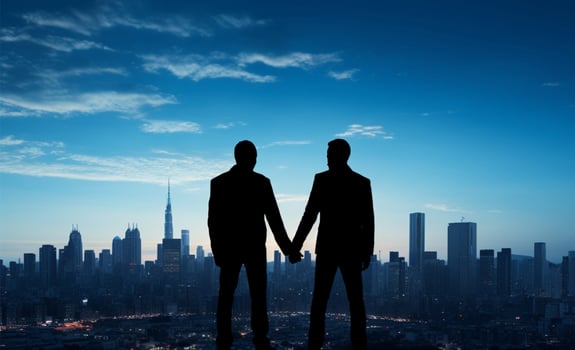 Happiness in silhouette, Gay men holding hands, cityscape, and blue sky AI Generated photo