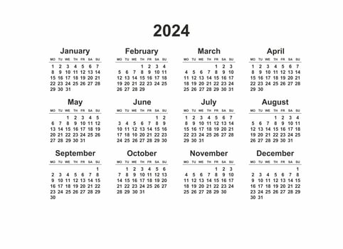 2024 Monday Start Horizontal Black and White Calendar Template, Simple layout of pocket or wall calenders. Yearly Stationery organizer in minimal design photo