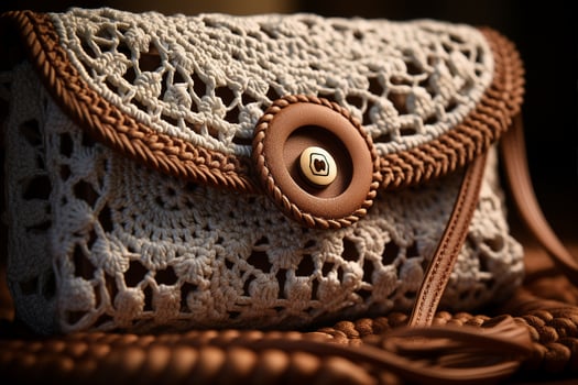 An elegant crocheted clutch purse for carrying essentials on the go, intricate handmade details, close up view. Simplicity, elegance, and warmth concept. AI Generated. photo