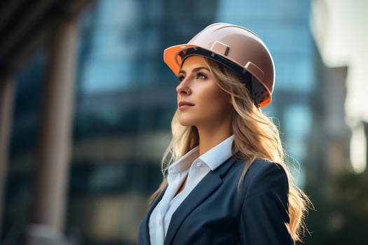 A confident business woman wearing a safety hard hat photo