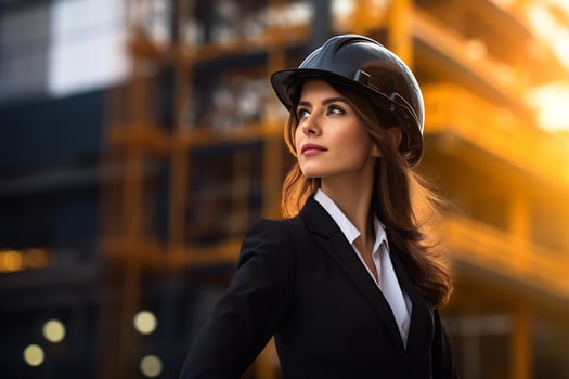 AI Generative confident business woman wearing a safety hard hat photo