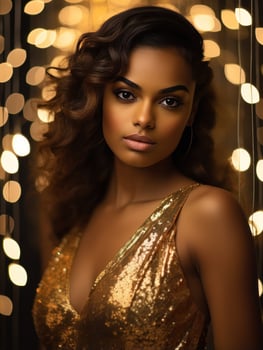 Beautiful girl in golden dress on party photo