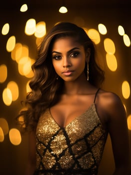 Beautiful girl in golden dress on party photo