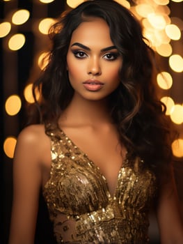 Beautiful girl in golden dress on party photo