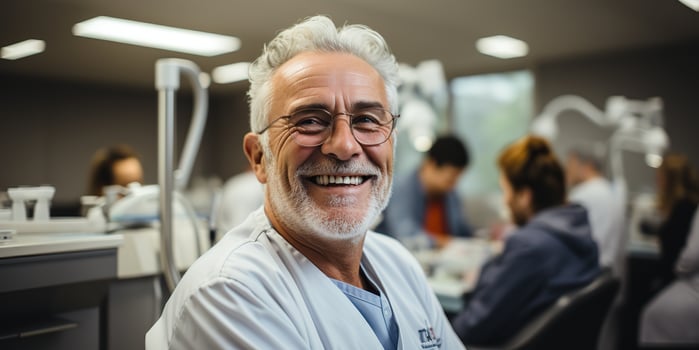 AI Generated. AI Generative. Adult male man doctor dentist face portrait at work place. Health care hospital center. Graphic Art photo