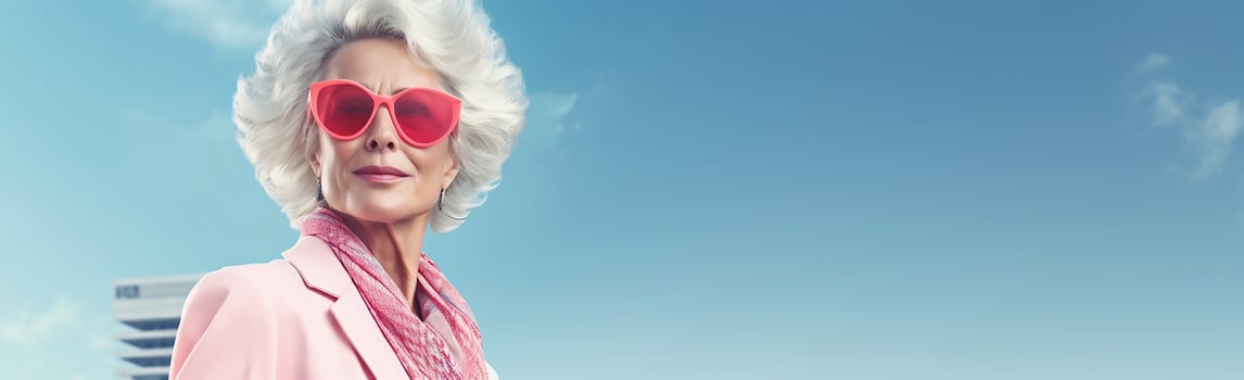 55-year-old business woman with gray hair against the sky city banner background. AI generative photo