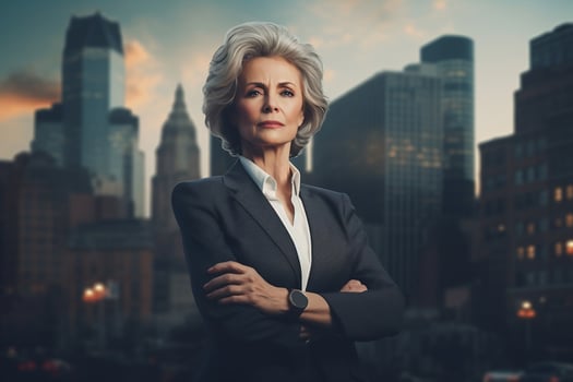 55-year-old business woman with gray hair against city background. AI generative photo