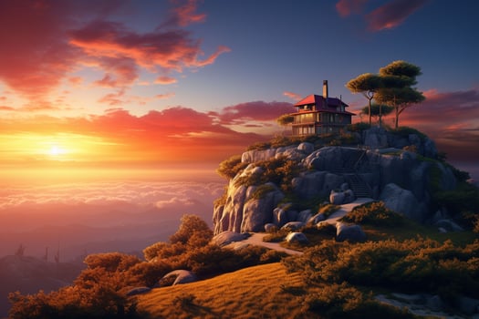Beautiful house in the mountains at sunrise. View from the top of the mountain. ai generated pro photo