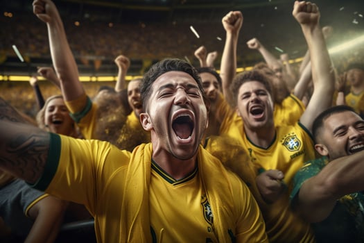 Excited Brazil football fans cheering for their team during a game at stadium. ai generated pro photo
