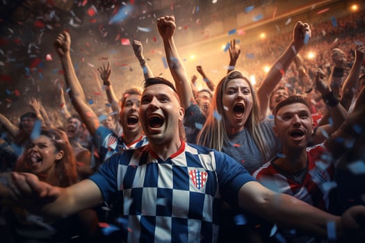 Excited Croatia football fans cheering for their team during a game at stadium. ai generated pro photo