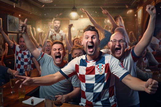 Excited Croatia football fans cheering for their team during a game at stadium. ai generated pro photo