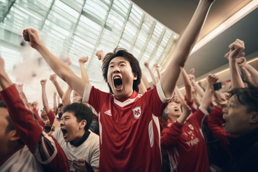 Excited Japan football fans cheering for their team during a game at stadium. ai generated pro photo