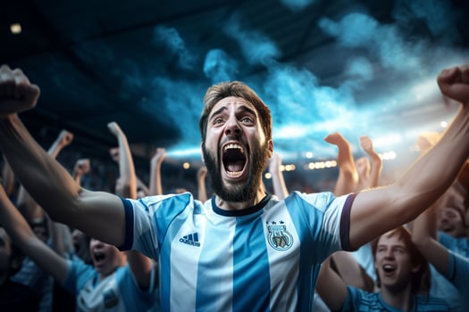 Excited Argentina football fans cheering for their team during a game at stadium. ai generated pro photo