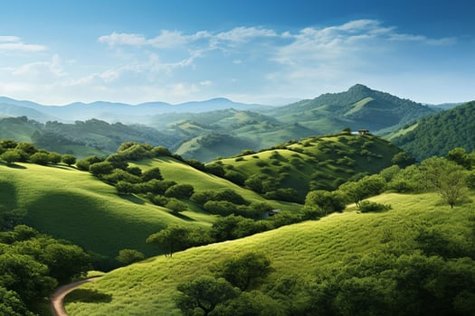 Green tea plantation landscape with trees and blue sky. Nature background. ai generated pro photo