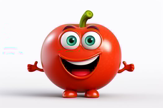 Cartoon tomato with smiley face on white background. Ai generated pro photo