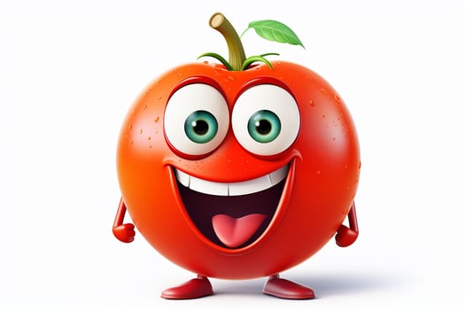 Cartoon tomato with smiley face on white background. Ai generated pro photo