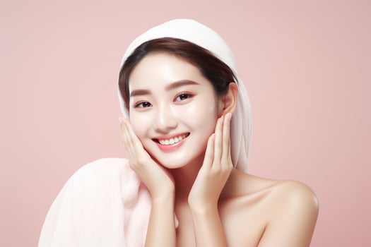 Beautiful asian women washing face with copy space on solid pastel background.Beauty,skin care and spa concept, Asian woman portrait.Created with Generative AI technology. photo