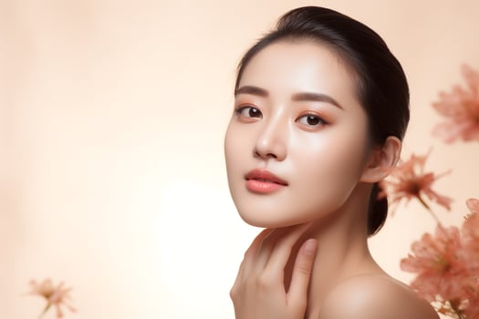 Beautiful asian women washing face with copy space on solid pastel background.Beauty,skin care and spa concept, Asian woman portrait.Created with Generative AI technology. photo